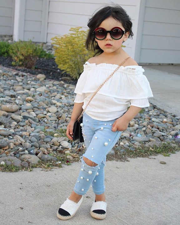 Girls' 2-Piece Beaded Jeans Outfits Summer Elegant طقم ملابس بناتي من قطعتين جينز مطرز بالخرز صيفي أنيق