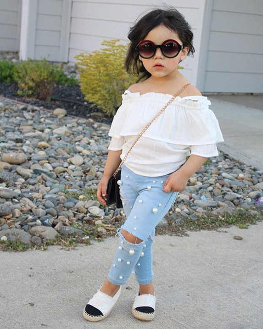 Girls' 2-Piece Beaded Jeans Outfits Summer Elegant طقم ملابس بناتي من قطعتين جينز مطرز بالخرز صيفي أنيق