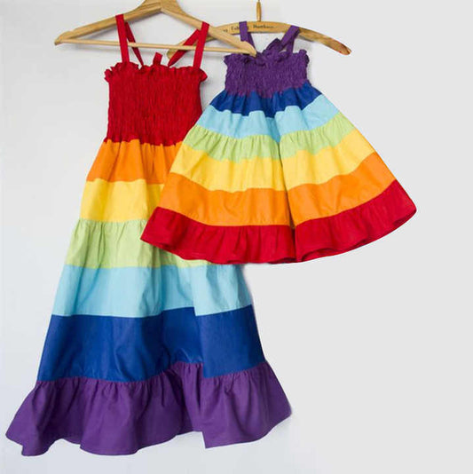 Rainbow Mother Daughter Dress Sleeveless Mom Baby Family Look Matching Summer Dress Rompers 