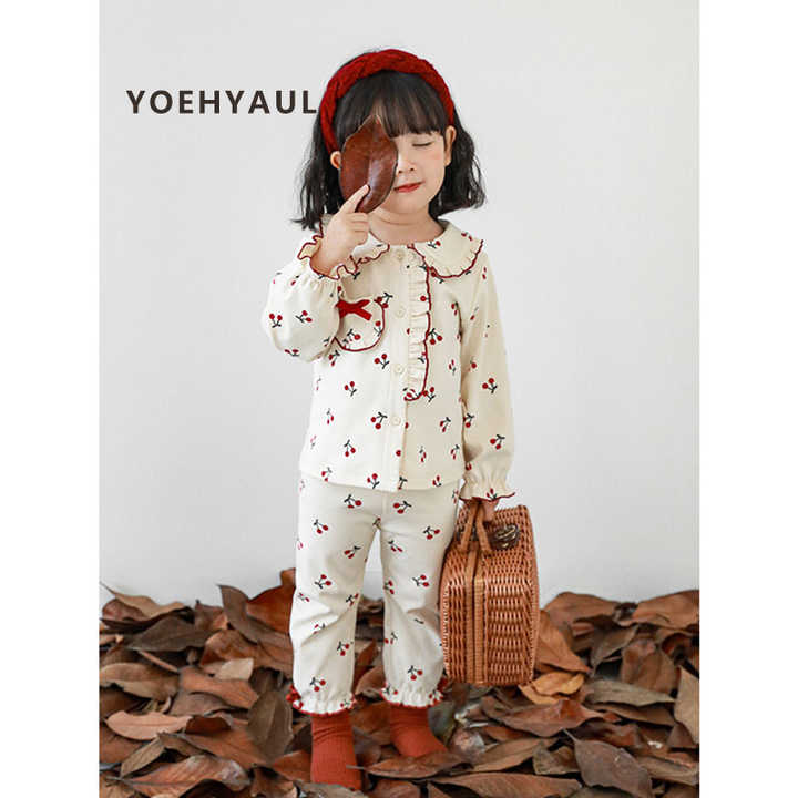 Autumn and Spring Baby Girls Cotton Order Fruit Print Ruffle Pajama Sets Home Clothes Kids Sleepwear 