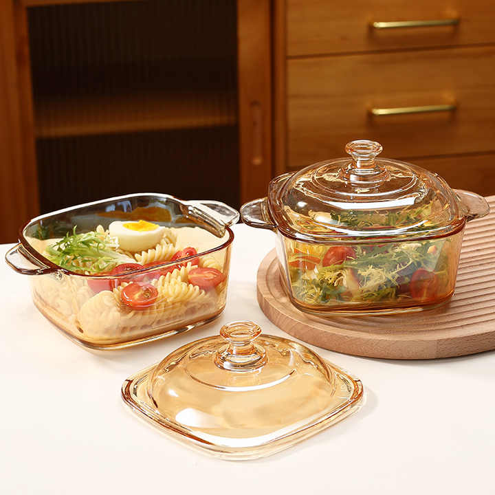 High-end food bowl, thick double-eared salad bowl, amber glass bowl, kitchen utensils, glass bowl with lid 