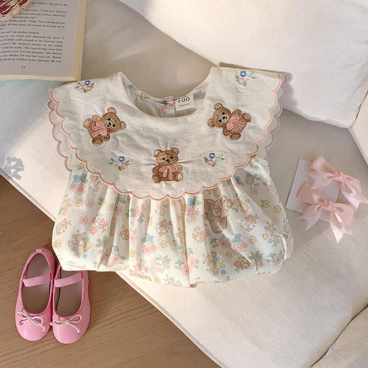 Summer Children's Floral Vest Skirt Girl Clothes- فستان بناتي مطرز على شكل دب وياقة