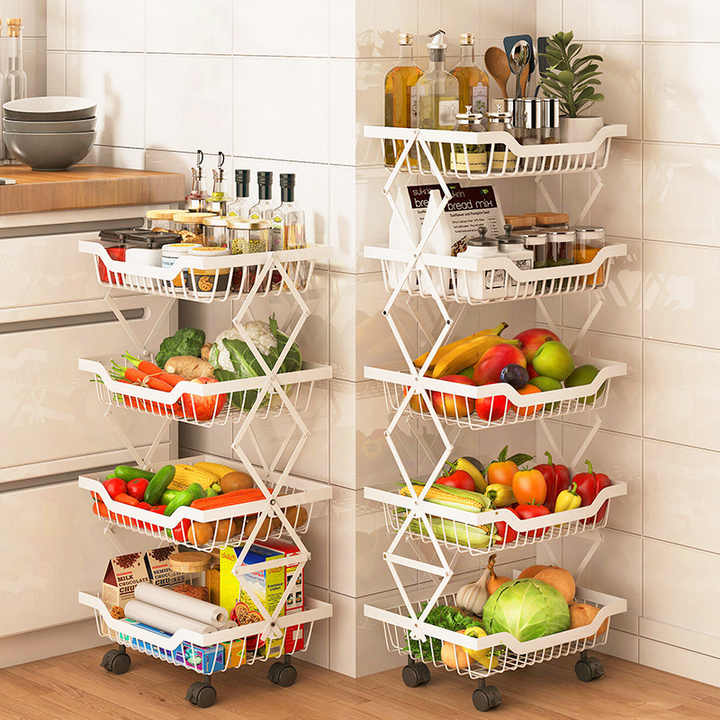 Home &amp; Kitchen Foldable Fruit &amp; Vegetable Storage Basket Rolling Standing Organizer Shelf Trolley with Wheels 