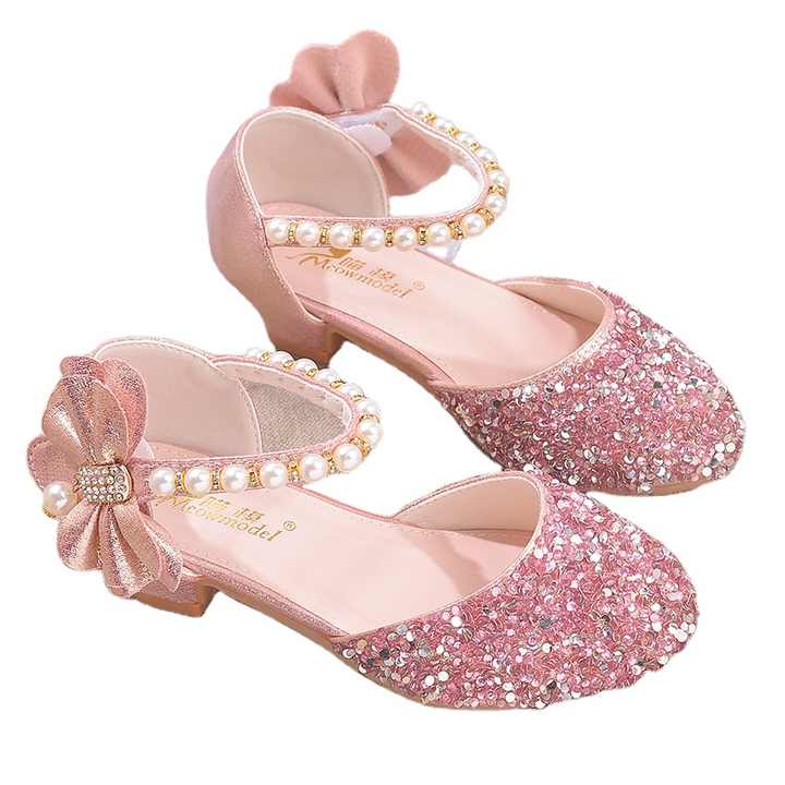 Children's High Heel Dress Shoes Girls Crystal High Heel Pearl Studded Shoes In Stock 