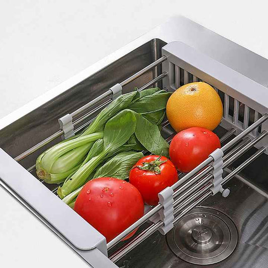 Adjustable sink, dish drainer, stainless steel basket over the sink