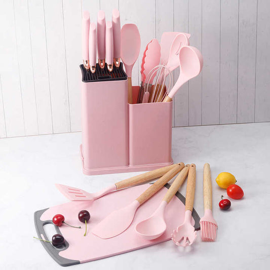 Best Selling 19 Piece Non-Stick Silica Gel Cookware Set Silicone Kitchen Utensil Set with Wooden Handle 