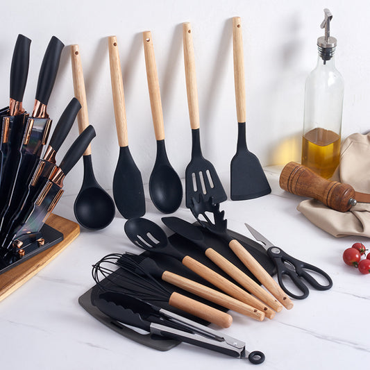 19 Piece Stainless Steel Kitchen Utensil Set Silicone Cooking Tools with Wooden Handle for Cooking 