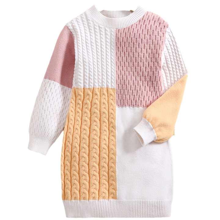 Casual Daily Outgoing in Spring ODM Supply for Children- فستان محبوك بأكمام طويلة ورقبة مرقعة