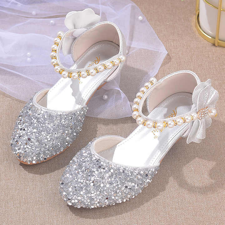 Children's High Heel Dress Shoes Girls Crystal High Heel Pearl Studded Shoes In Stock 