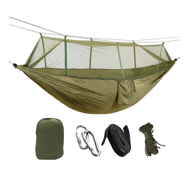 High Quality Nylon Camping Outdoor Hammock with Mosquito Net Lightweight Portable Double Parachute Hammocks Tent for Hiking أرجوحة تخييم خارجية عالية الجودة من النايلون مع ناموسية خفيفة الوزن محمولة بمظلة مزدوجة للمشي لمسافات طويلة