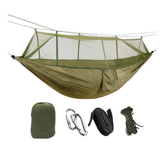 High Quality Nylon Camping Outdoor Hammock with Mosquito Net Lightweight Portable Double Parachute Hammocks Tent for Hiking أرجوحة تخييم خارجية عالية الجودة من النايلون مع ناموسية خفيفة الوزن محمولة بمظلة مزدوجة للمشي لمسافات طويلة