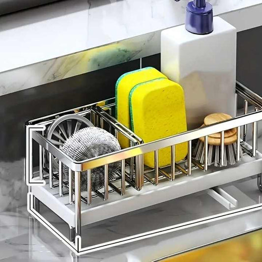 تخفيضات هائلة حامل اسفنج من الفولاذ المقاوم للصدأ لحوض الغسل، حامل اسفنج لغسل الفواح وفرش الغسيل، منظم طاولة المطبخ Huge Discounts Stainless Steel Sponge Holder for Sink, Sponge Holder for Washing Sponges and Washing Brushes, Kitchen Countertop Organizer