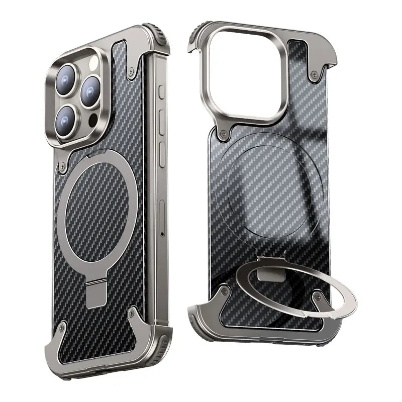 Luxury Carbon Fiber Magnetic Metal Aluminum Frameless Back Cover for iPhone 16 Pro Max 