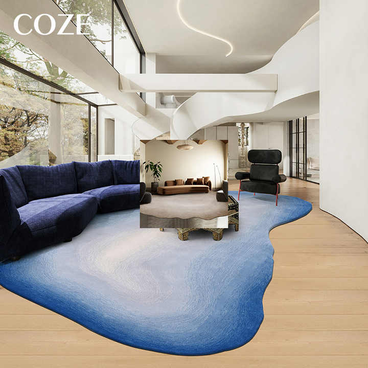 Irregular and uniquely shaped wool rug made especially for the living room, in the French style of Wabi-Sabi. 