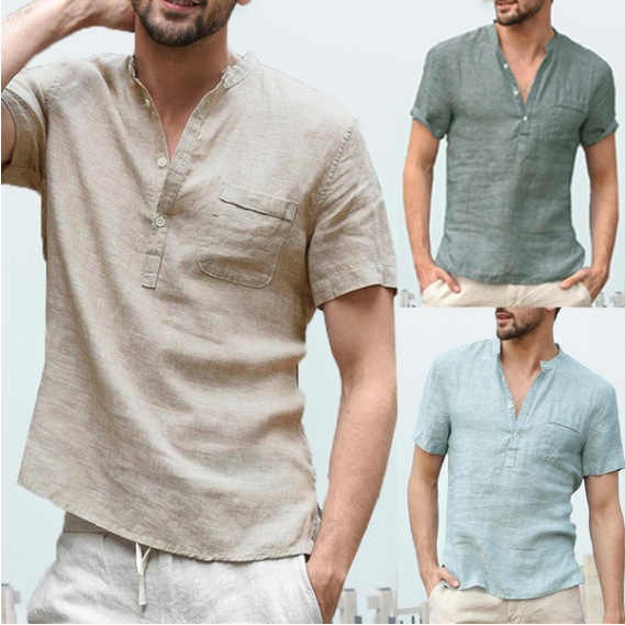 قميص رجالي من القطن والكتان برقبة هينلي . Men's Cotton Linen Henley Neck Pocket Casual Beach