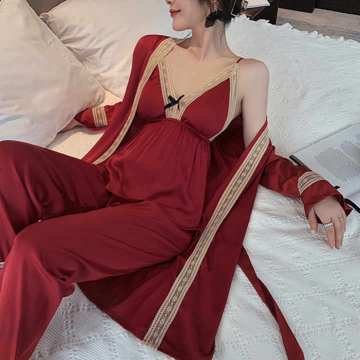 New Arrival 3 Pieces Ice Silk Satin Robe with Lace Pants Sexy Homewear Women Pajamas Kimono Robe Set 