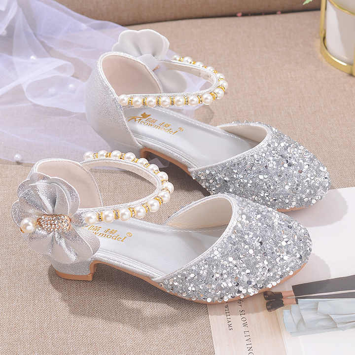 Children's High Heel Dress Shoes Girls Crystal High Heel Pearl Studded Shoes In Stock 