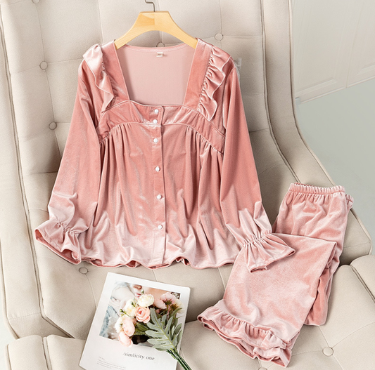 Women's Golden Velvet Pajamas - Spring and Autumn Pajamas 