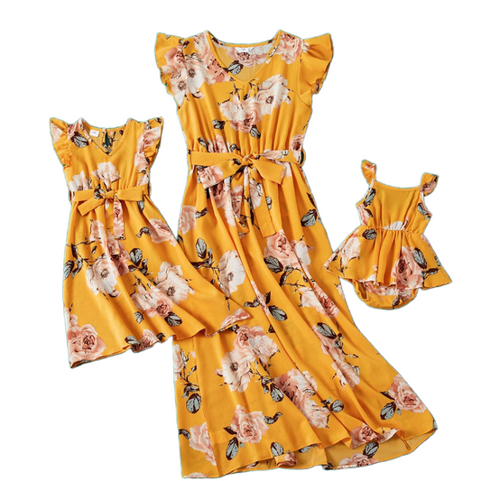 Good price for new design floral print matching sets family casual mother and daughter dresses 