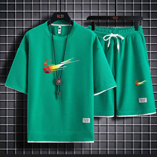 طقم زوجين من قطعتين للعطلات الرجالية على شكل حرف T موضة فضفاضة + مقاس كبير بنطال بخمسة أرباع Men's 2 Piece Holiday Couple Set Fashion Loose T-shirt + Plus Size Five Quarter Pants