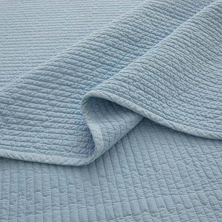 3-Piece Solid Blue and White Cotton Quilted Bedspread 