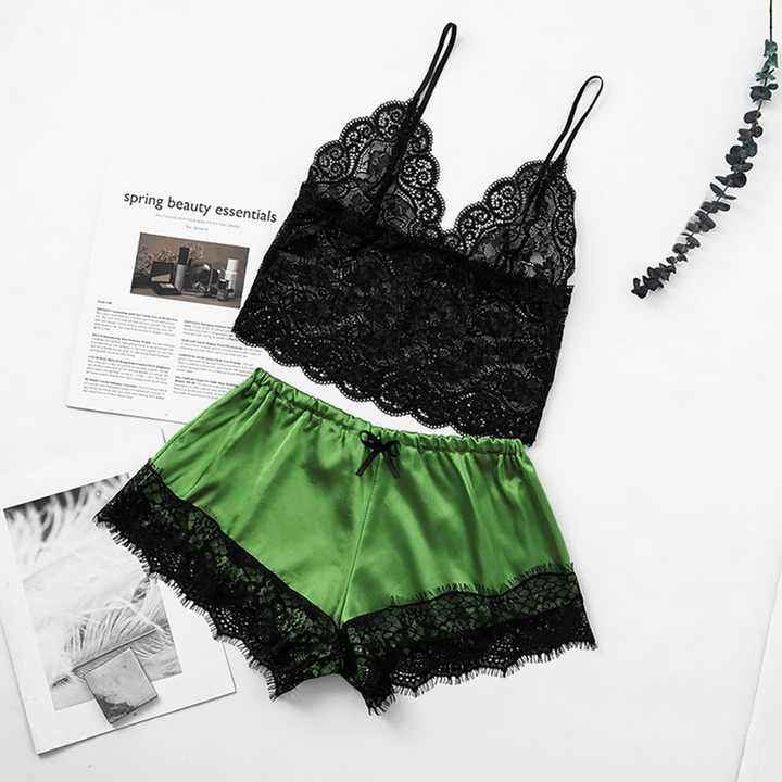 Women's Sexy Lingerie Satin Lace V-Neck Babydoll Sleepwear ملابس نوم مثيرة ملابس نوم نسائية