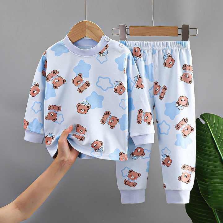 Long Cotton Sleepwear for Kids Cotton Round Neck Pajamas for Children Boys Girls Home Clothes 2 Piece Sets 