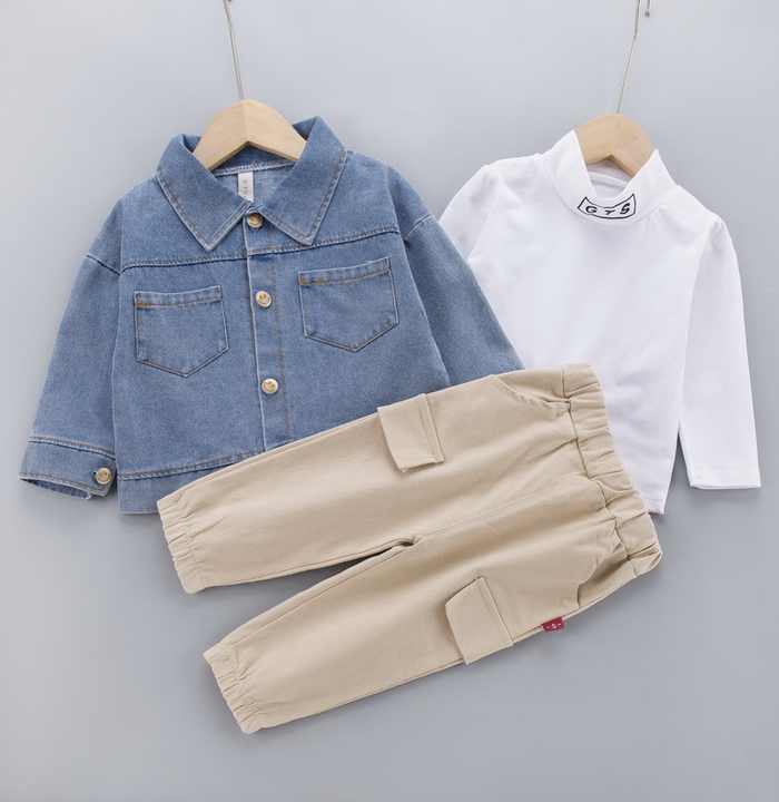مجموعة ملابس خريفية عصرية مناسبة لعمر 1-5 سنوات جينز للأطفال 3 سنوات 1-5 Years Fashionable Autumn Clothes Set with Jeans Coat and Pants 3 Boys