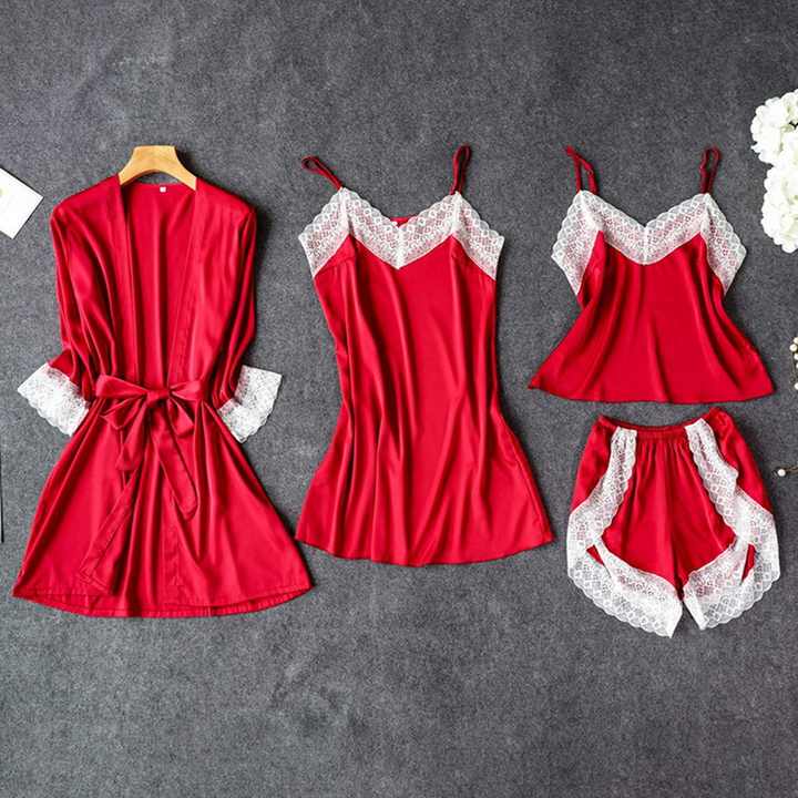 Women's Pajama Sets Silk Satin Sleepwear 4 Pieces Sleepwear Lace Belt Sleep Lounge Pajamas Best Selling 