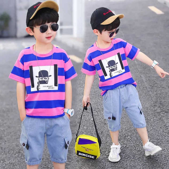 Boys' shorts, boys' clothing, cotton stripe suit, T-shirt + jeans 