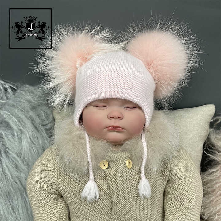 Children's Winter Warm Hats Knitted Beanie Double Pompom Hat 