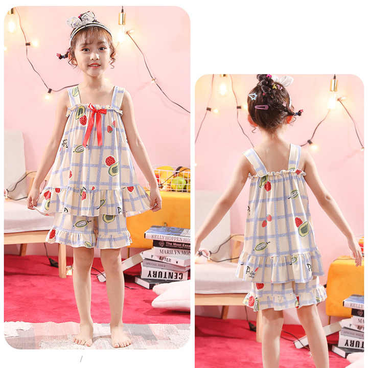 Summer New Cartoon Baby Girls Nightgown Home Clothes Set Children Princess Suspender Dress Pajamas 