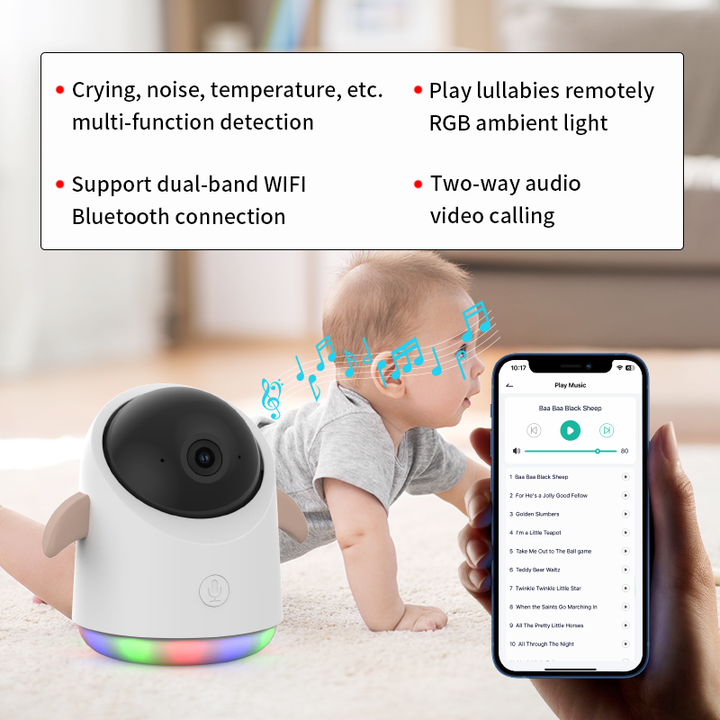 Wireless WiFi Baby Monitor with Two-Way Audio, Night Vision, Built-in Cry Feeding Reminder, Convenient and Powerful GHz 