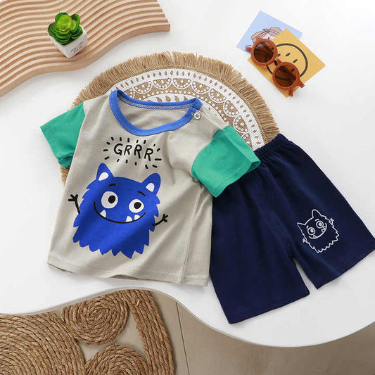 تي شيرت قطني بنمط كرتوني بدلة من قطعتين . Cartoon Pattern Cotton T-shirt 2-piece Suit for Boys and