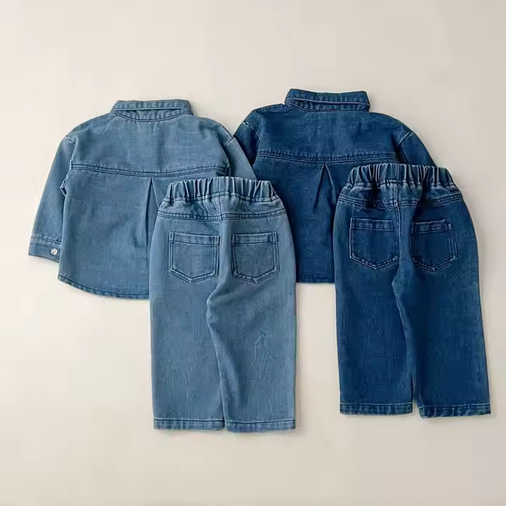 New Korean Boys and Girls Autumn 2 Piece Set Denim Suits Long Sleeve Shirt and Jeans 