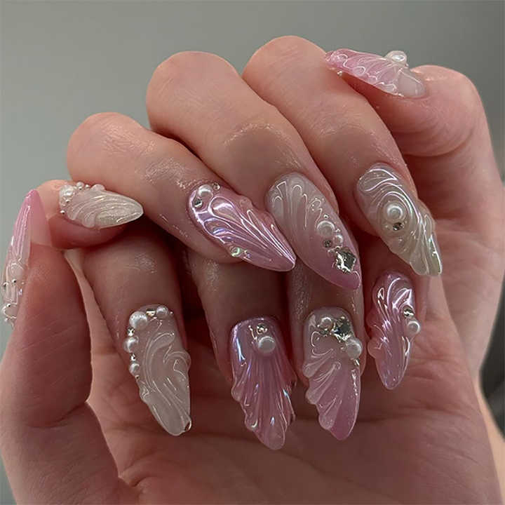 French Leopard Print 3D Diamond Pointed-Triple False Nails 