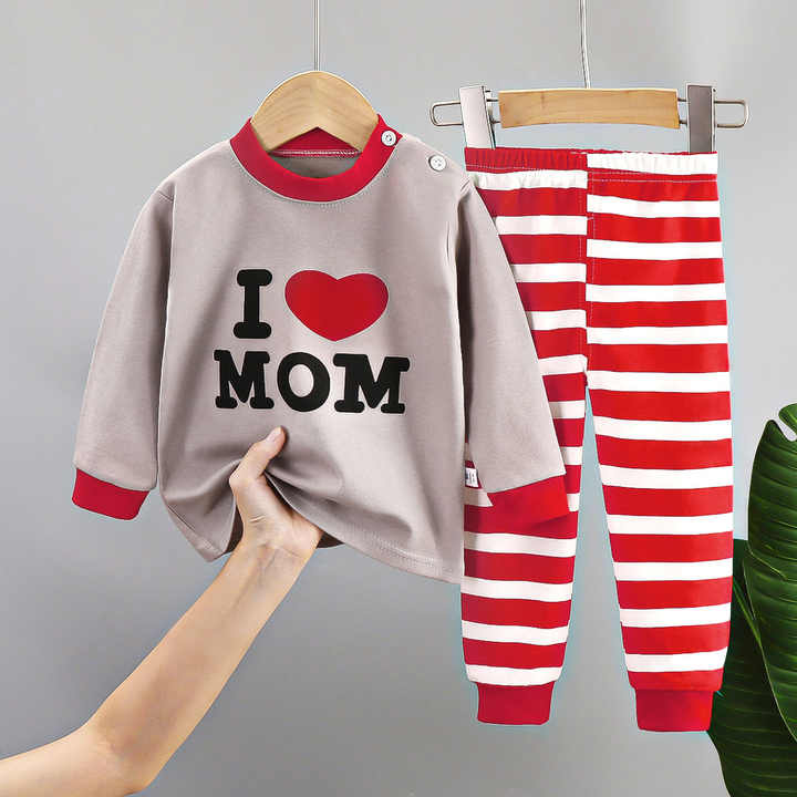 Long Cotton Sleepwear for Kids Cotton Round Neck Pajamas for Children Boys Girls Home Clothes 2 Piece Sets 