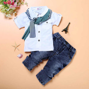 Summer Short Sleeve T-shirt Tops + Scarf + Pants Baby Boys Kids Clothes Outerwear DGBG-005 