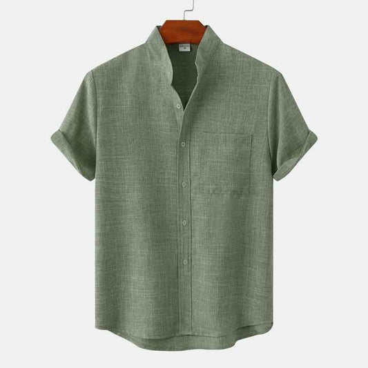 Summer Fashion Men's Casual Solid Color Stand Collar Short Sleeve Cotton Linen Breathable Knitted Top Pocket Shirt 