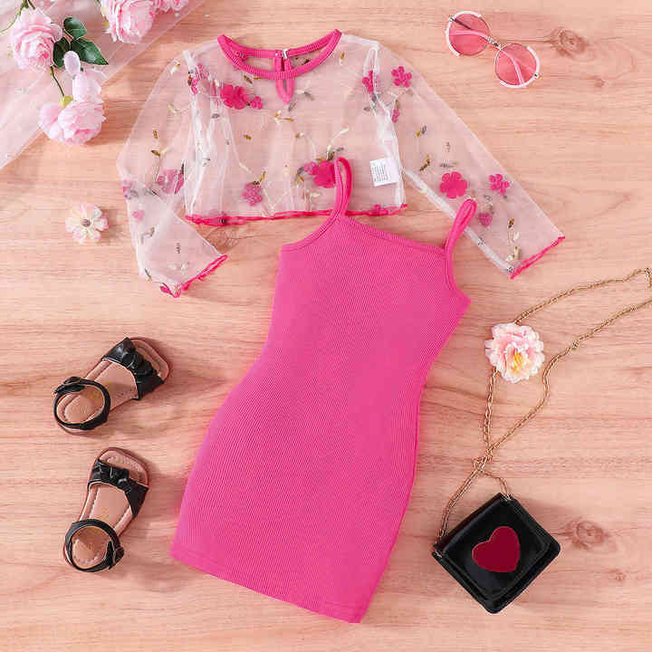 Girls' Suspenders Dress Set, Kids Girls 2 Pieces Dress, Girls' Summer Embroidered Printed Clothes Set, Kids Girls' Casual Clothes Sets 