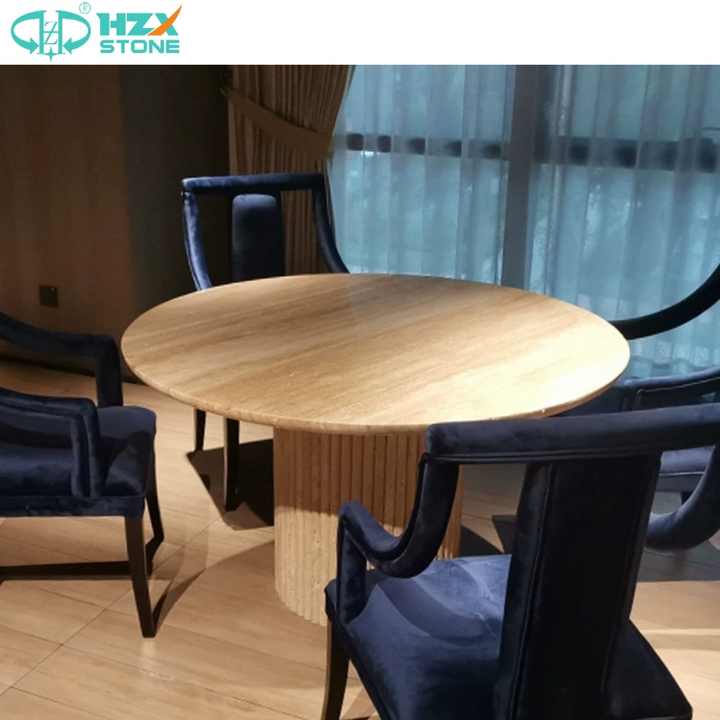 able Kitchen &amp; Restaurant Furniture Home Use Marble Travertine Top طاولة طعام مستديرة من الحجر الطبيعي