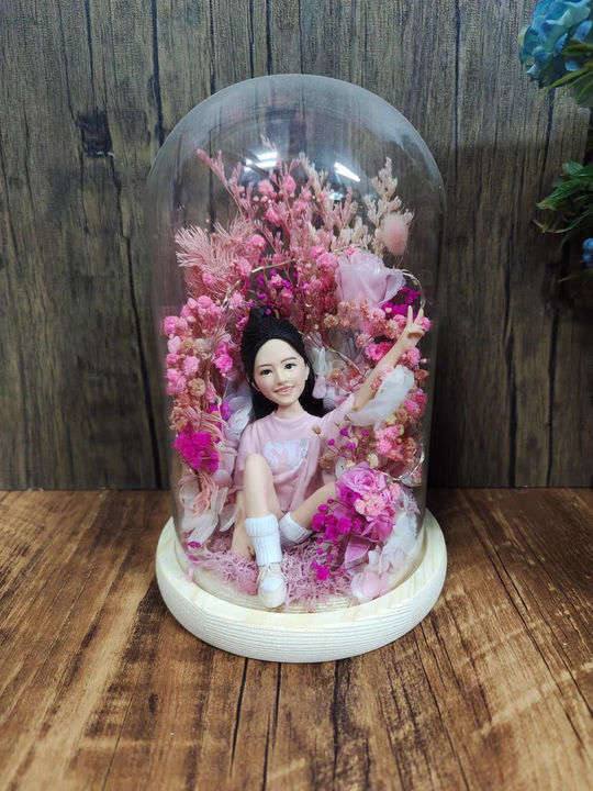 Custom Everlasting Flower Glass Dome Bobblehead - تمثال هزاز ثلاثي الأبعاد