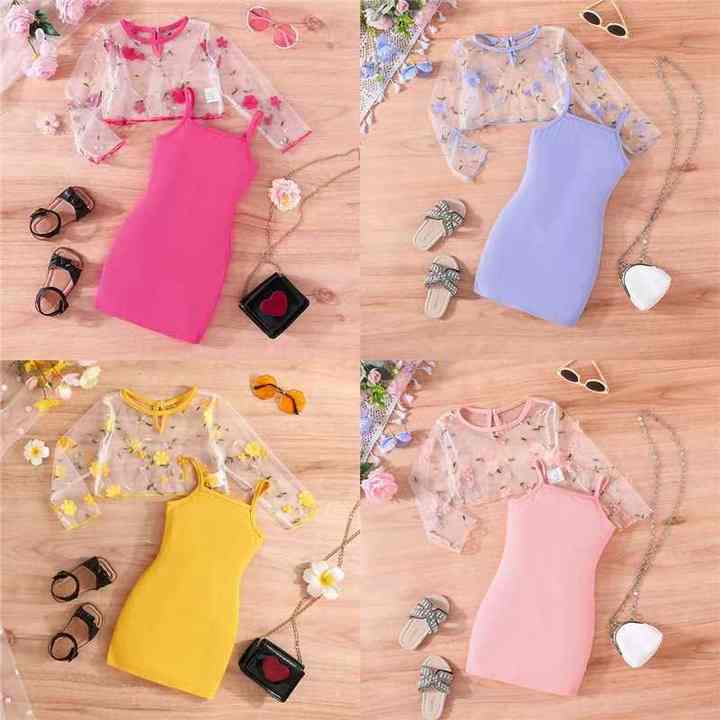 Girls' Suspenders Dress Set, Kids Girls 2 Pieces Dress, Girls' Summer Embroidered Printed Clothes Set, Kids Girls' Casual Clothes Sets 