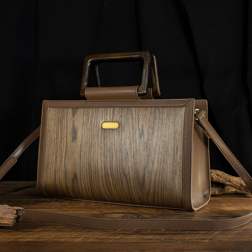 New Arrival Genuine Leather Women's Handbag with Walnut Wooden Handle, Classic Elegant Handbags with Zipper Designer Bags for Women