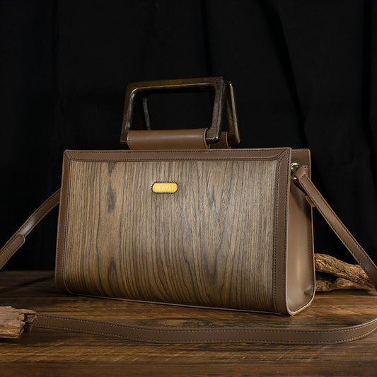 New Arrival Genuine Leather Women's Handbag with Walnut Wooden Handle, Classic Elegant Handbags with Zipper Designer Bags for Women