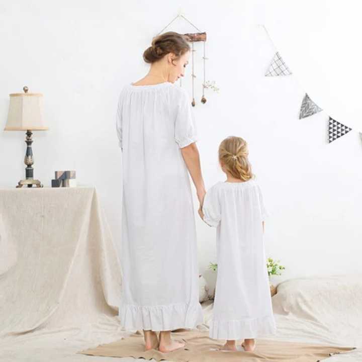Huge Discounts Mother and Daughter Summer Cotton Dress Mommy and Me Clothes Short Sleeve Pajamas Loose Sleepwear 