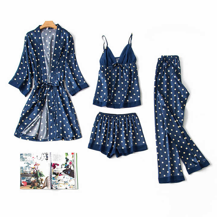 Women's Pajama Sets Silk Satin Sleepwear 4 Pieces Sleepwear Lace Belt Sleep Lounge Pajamas Best Selling 
