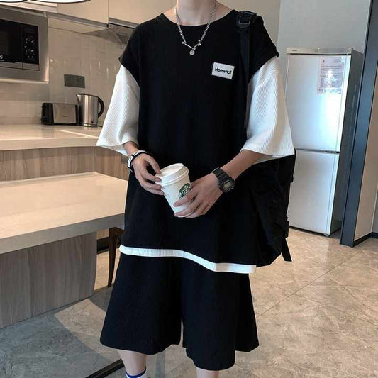 طقم تي شيرت صيفي فضفاض مقاس كبير . Boys' Pure Cotton Plus Size Students Loose Summer