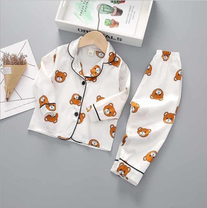 Fashion Printed Kids Long Sleeve Satin Sleepwear Set 