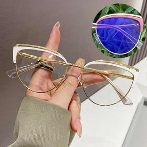 Women's Alloy Gold Cat Eye Anti-Blue Light Blocking Glasses, Anti-Blue Light Blocking, Spring Hinges 